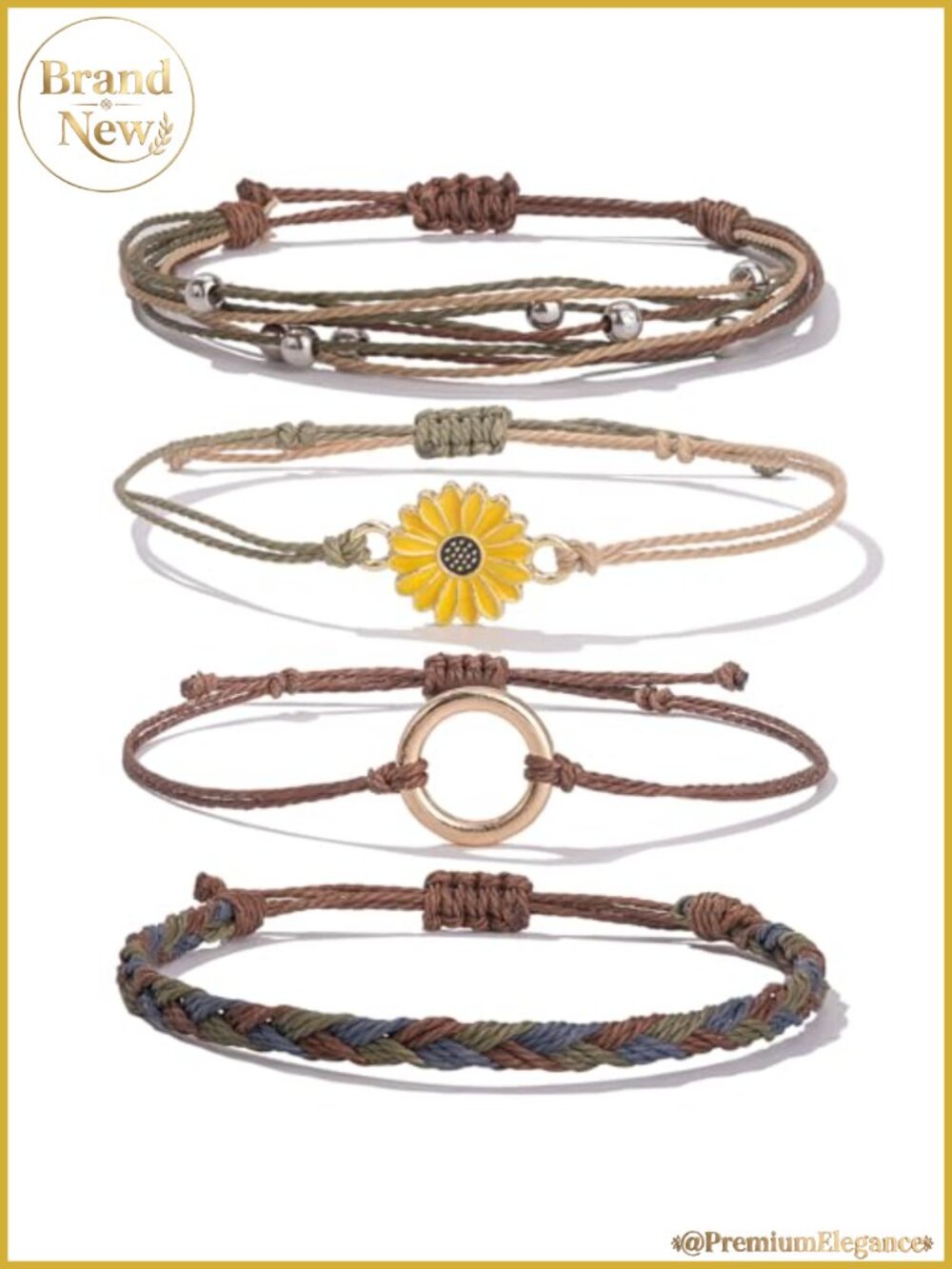 Stackable Sunflower Bracelets Boho Braided String Beach Jewelry Set of 4